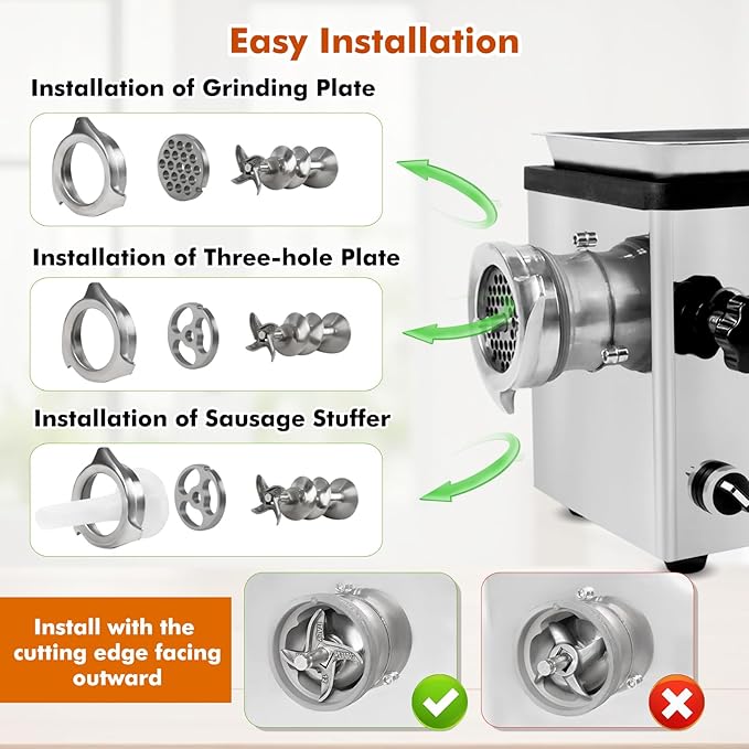 Anatole Commercial Electric Meat Grinder 1.8 HP 1300 W All Stainless Steel Meat Bones Mincer Heavy Duty Sausage Stuffer with 6 Grinding Plates 4 Blades for Restaurant Hotel 110V