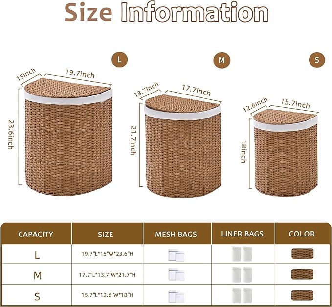Wicker Half Moon Laundry Basket with Lid and 2 Replaceable Liner Bags, Handwoven Rattan Hamper for Dirty Clothes, Rattan, 90L
