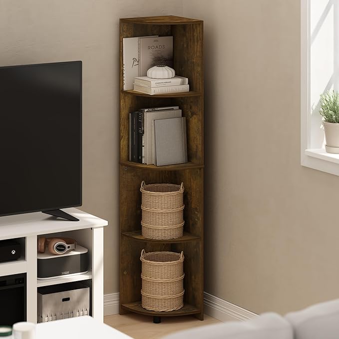 Furinno ECON Corner Shelf, 4-Tier Corner Book Shelf, Storage Shelves, Display Rack, Bookshelf, for Organization and Storage, Living Room, Home Office, Amber Pine