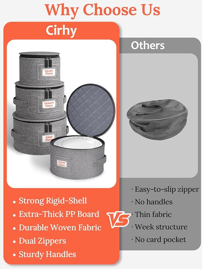 Cirhy China Storage Containers, 4 Piece Rigid-Shell Dinnerware Storage with Felt Dividers, Stackable Fine China Storage for Plates, Bowls, Glassware, Kitchen Dish Organizer for Moving