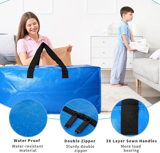 4 Pack Heavy Duty Extra Large Moving Bags - Strong Handles& Backpack Straps - Blue Storage Bags Alternative to Moving Boxes Bins, Packing bag Compatible with Ikea Frakta Cart