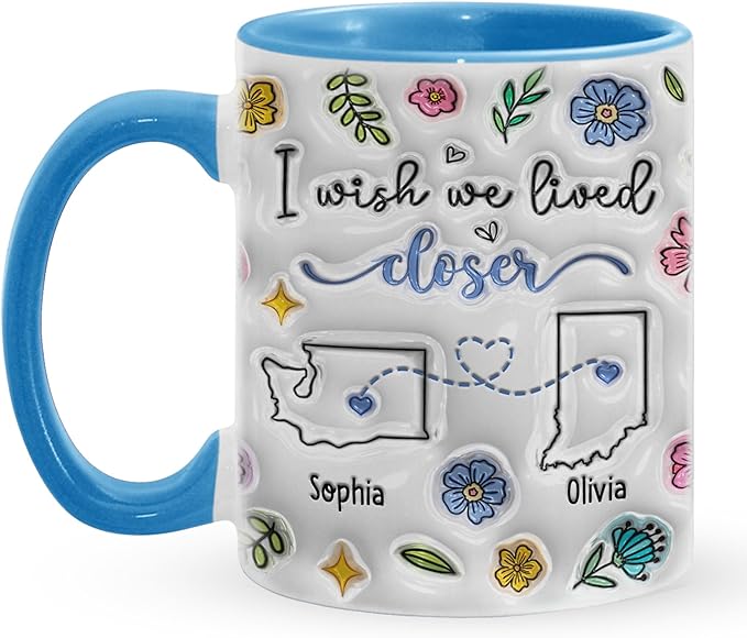 I Wish We Lived Closer Tumbler, Personalized 3D Inflated Effect Mugs Long Distance Friendship Gift, Custom State To State Mug, Going Away Gifts For Sister Best Friend Women