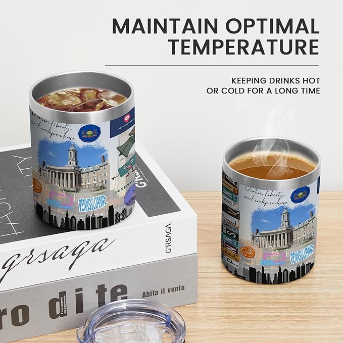 12oz Coffee Mug Pennsylvania State Insulated Coffee Cups, United States Map Travel Mug Landmark, Birthday Gifts Cute Mugs with Lid and Straw Gifts for Mom