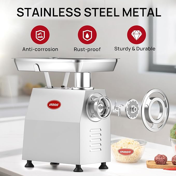 Commercial Meat Grinder #32, 2.0HP Heavy Duty Industrial Stainless Steel Meat Mincer, Sausage Stuffer with 2 Blades, 2 Plates & 3 Sausage Tubes, Meat Grinder Machine for Deer Processing,Pet Food
