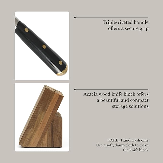 Martha Stewart 16 Piece Lockton High Carbon Stainless Steel Cutlery Kitchen Knife Block Set W/ABS Tripe Riveted Forged Handle Acacia Wood Block - Black W/Gold
