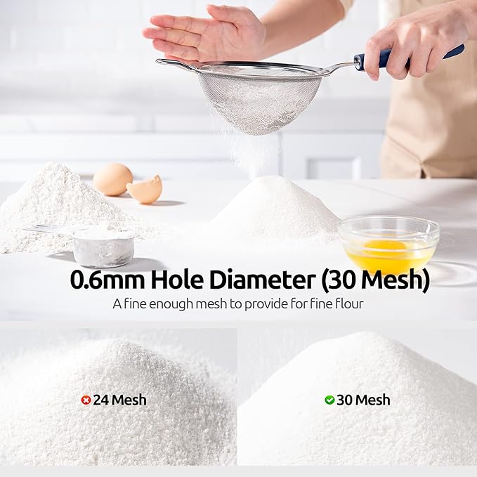 18/8 Stainless Steel Mesh Strainer: U-Taste 5.5 Inch Kitchen Fine Mesh Sieve Food Colander with Riveted Sturdy Silicone Handle and 30 Mesh Hole for Straining Flour, Pasta, Fruit, Quinoa(Midnight Blue)