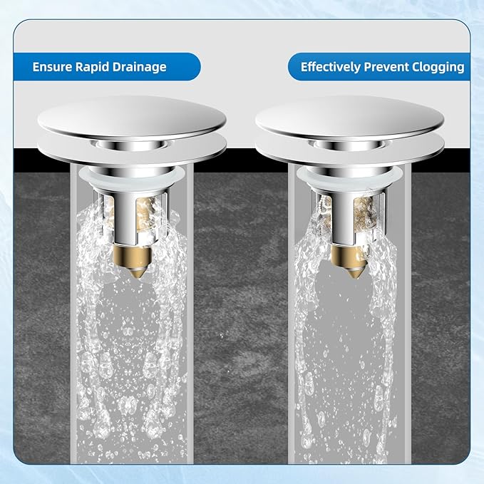 iFealClear Universal Bathroom Sink Stopper, Metal Pop Up Sink Drain Strainer with Detachable Hair Catcher, Fits 1.1"-2.36" US Basin, Wash Basin Drain Plug with Big Cover Cap, Brass Bounce Core, Chrome