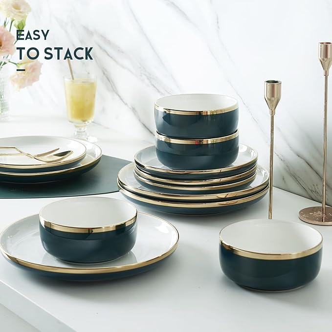 Porcelain Dinnerware Sets, 12 Piece Luxury China Plates and Bowls Sets, Green Dishes Set Gold Rim for Wedding Anniversary Birthday, Modern Dinner Plates Set