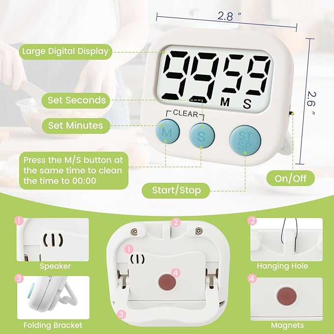 12 Pcs Digital Timer for Kids, Magnetic Countdown Kitchen Timer, Upgrade Loud Alarm Timers for Cooking, Kitchen, Exercise, Work, Study, Classroom, Outdoor Activities, Battery not Including