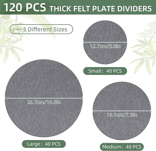 120Pcs Plate Separators Storage, Soft Felt Plate Dividers, Round Dish Storage Protectors Pads with 3 Different Size (Grey)