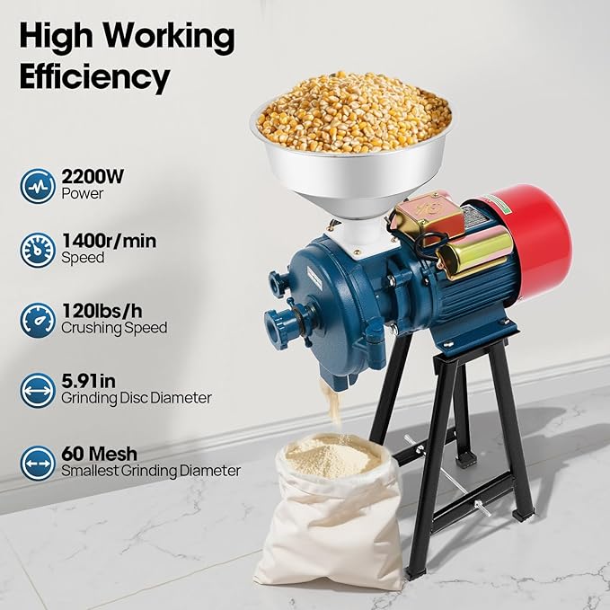 220V 2200W Electric Grain Mill Grinder Commercial Corn Mill with Funnel Dry Heavy Duty Mill Electric Grain Grinding Machine Feed Mill Flour Mill for Home & Industrial Use (220V)