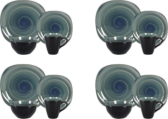 Stoneware Square 16pc Dinnerware Set, Inside Spinwaseh Swirl Blue + Outside Black