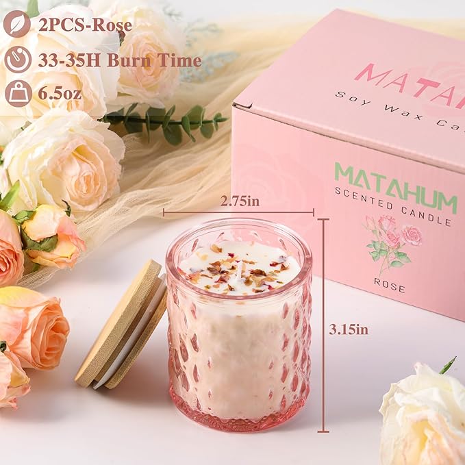 2 Pack Rose Scented Candles for Home Decor, 6.5oz Natural Soy Wax Aromatherapy Jar Candles, Housewarming Gift for Women