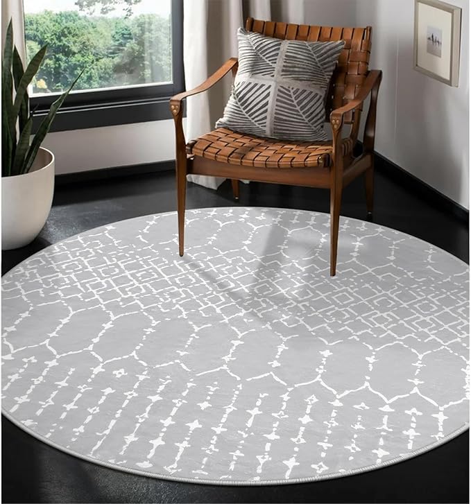 Lahome Moroccan 5Ft Round Rug - Machine Washable Round Bedroom Carpet Grey Non-Slip Throw Circle Rugs for Living Room Low-Pile Large Round Rug, Modern Geometric Print Carpet for Office Dining Room