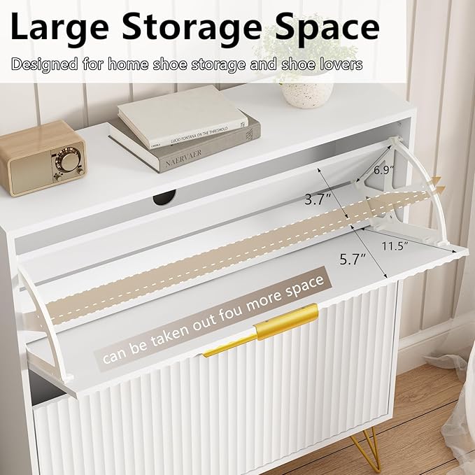 Shoe Storage Cabinet with 2 Flip Drawers, 31.5" W Fluted Shoe Cabinet for Entryway, Hidden Shoe Cabinet Storage, Narrow Free Standing Shoe Orgnaizer Rack Cabinet for Foyer Hallway, White