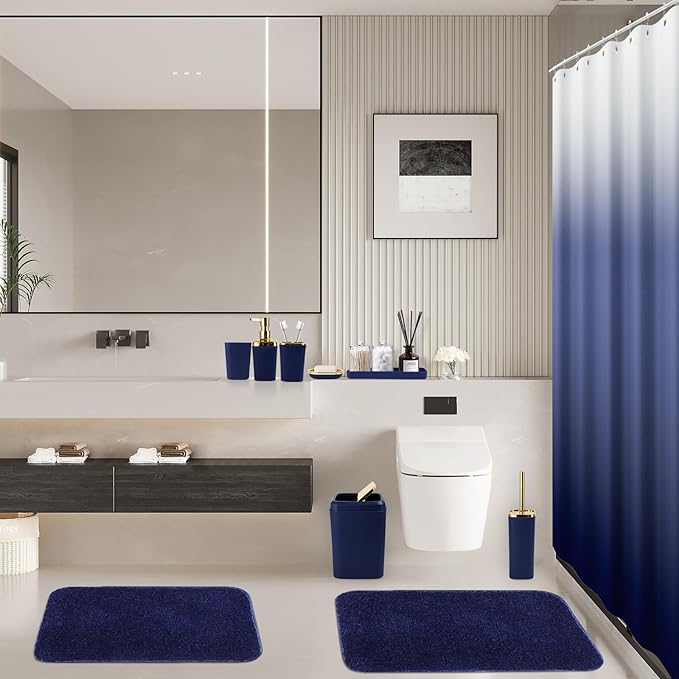 Bathroom Set - Navy Blue Bathroom Sets with Shower Curtain and Rugs, 24PCS Shower Curtain Set with Hooks, Soap Dispenser, Soap Dish, Toilet Brush Holder and Trash Can for Housewarming