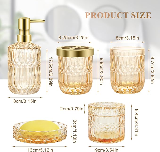 Bathroom Accessories Set, 5Pcs Gold Glass Bathroom Accessories Set with Gold Soap Dispenser, Soap Dish, Toothbrush Holder, Tumbler, Cotton Swab Jars