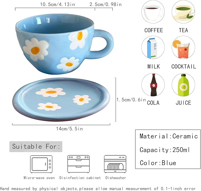 Coffee Mugs Set with Saucer Blue Flowers Cup Gifts for Women Birthday Tea Coffee Mug with Coaster 250 ML Ceramic Cup Birthday Gift for Women Girls Mom Friend Coffee Mug aucer Set