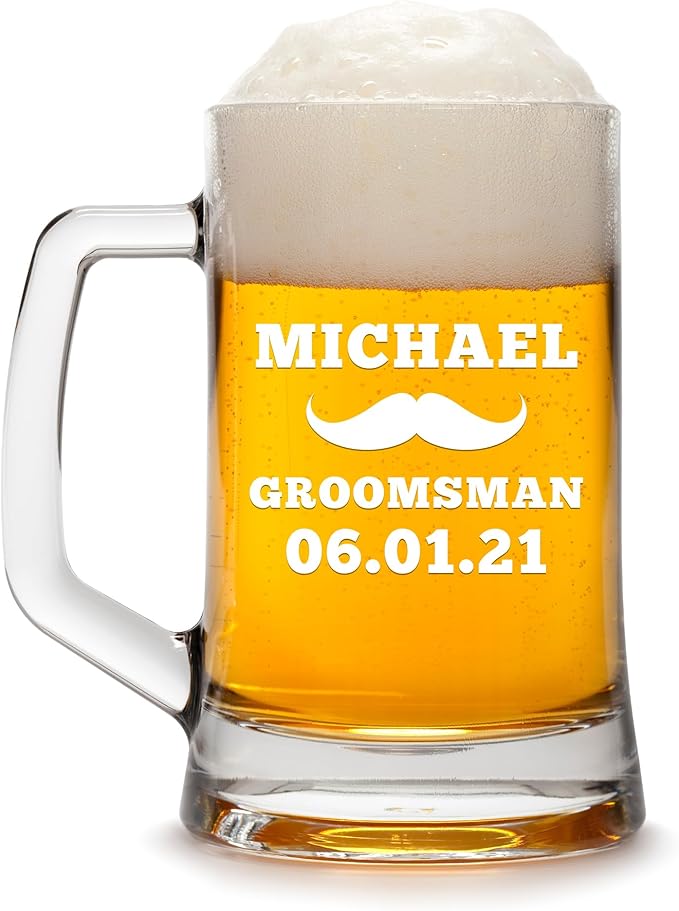 Groomsmen Gifts - Personalized Beer Mugs - Groomsmen Proposal Gift Idea - Customized Gift for Groom, Best Man, Groomsman - Custom Engraved Beer Mugs for Grooms Men - Groomsmen Beer Glasses (Design B)