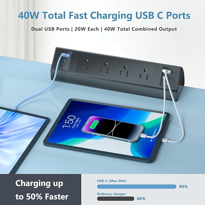 Desk Clamp Power Strip with 40W Total Fast Charging Station, 4 PD 20W USB C Ports, 4 AC Outlets, 1875W Surge Protectors, 6.5 FT Flat Plug Desk Clamp Power Strip Fit 1.9" Tabletop Edge