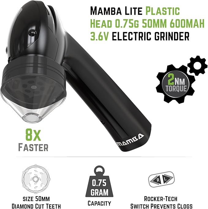 Mamba Lite 0.75g Black All-Plastic Head USB Electric Herb Grinder. Small Portable Herbal Machine & Spice Mill for the Kitchen
