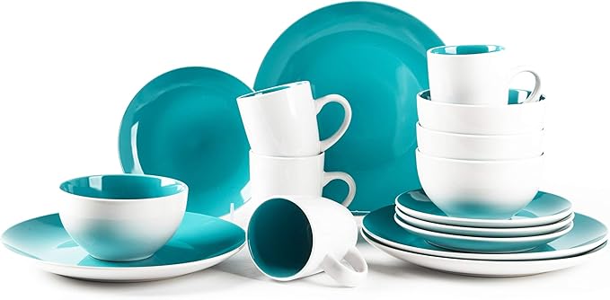 Stoneware Coupe Shape 16pc Dinnerware Set, Outside White + Inside Turquoise