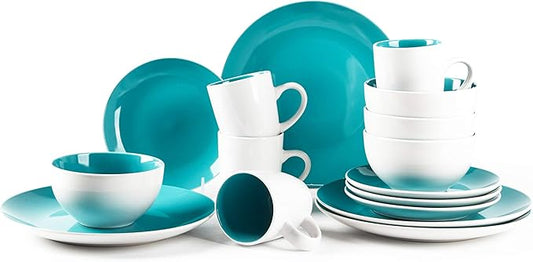 Stoneware Coupe Shape 16pc Dinnerware Set, Outside White + Inside Turquoise