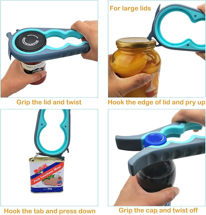 Otstar 6-in-1 Jar Opener & Bottle Opener Set for Weak Hands - Multi-Function Kitchen Opener Tool for Seniors with Arthritis, Elderly - Includes Jar Lid Gripper Pad, Corkscrew Opener