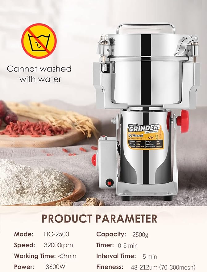 CGOLDENWALL 2500g Electric Grain Grinder Mill Safety Upgraded 3600W High-speed Spice Herb Grinder Commercial Superfine Machine Dry Cereals Pulverizer CE 110V (2500g Swing Type)