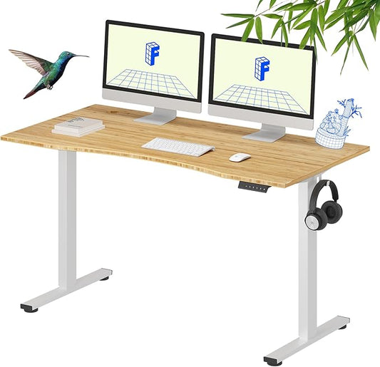 FLEXISPOT EN1 Bamboo Standing Desk, 55 x 28 Inches One-Piece Electric Adjustable Height Sit Stand Desk for Home Office (White Frame + Bamboo Curved Desktop, 2 Packages)