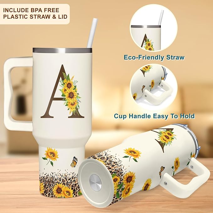 Personalized Birthday Gifts For Women - Sunflowers Monogrammed Cup For Boss Day, Christmas - Customized Gifts For Women, Mom, Wife, Coworkers, Boss Lady, Her - Custom Tumbler With Handle 40oz