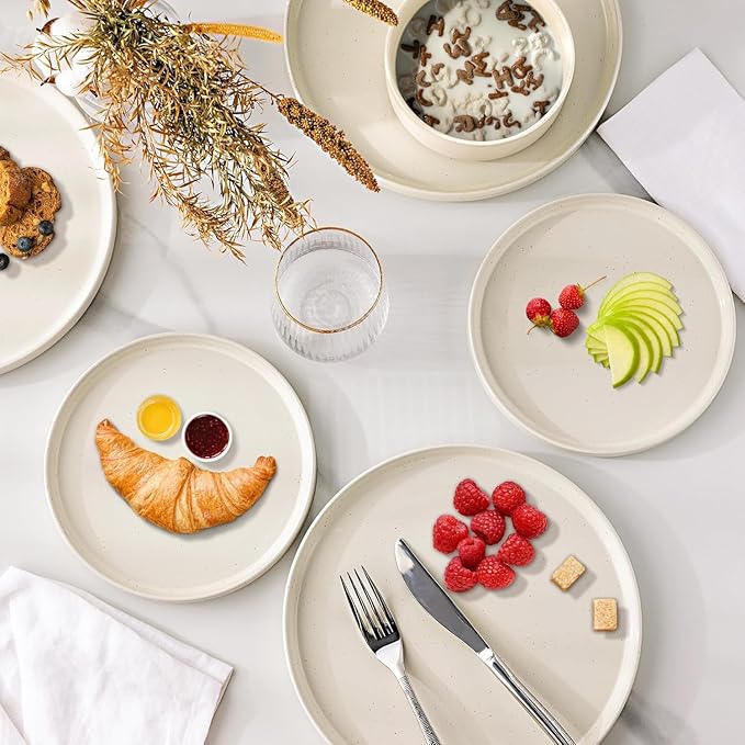 GBHOME Dinnerware Set for 6, 18 Piece Speckled Plates and Bowls Set with Glazed Bottom, Chip & Scratch Resistant Stoneware Plates Sets, Dishwasher & Microwave Safe Dishes, Light Beige