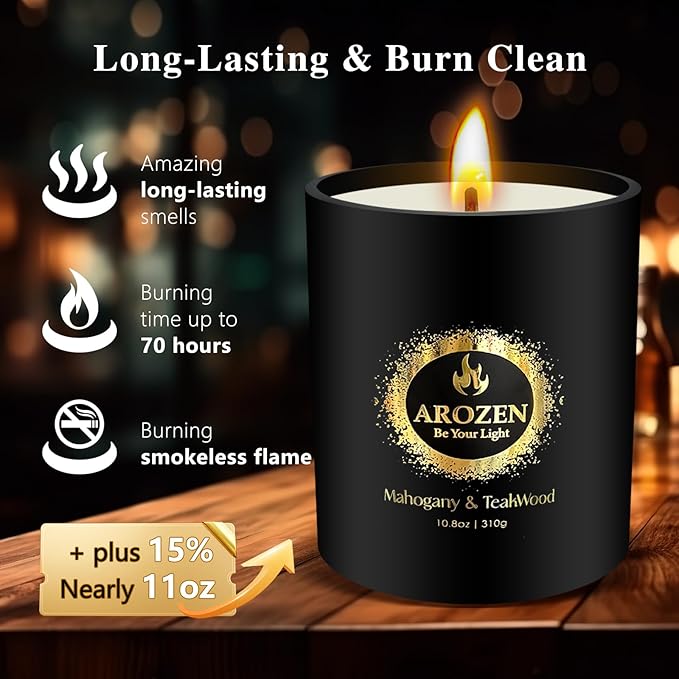 Mahogany Teakwood Scented Candles, Gifts for Men, Father's Day Holiday Masculine Candle Gifts, Black Soy Candles for Home Scented, Extra Large with 70H Long Lasting Burn 10.8oz
