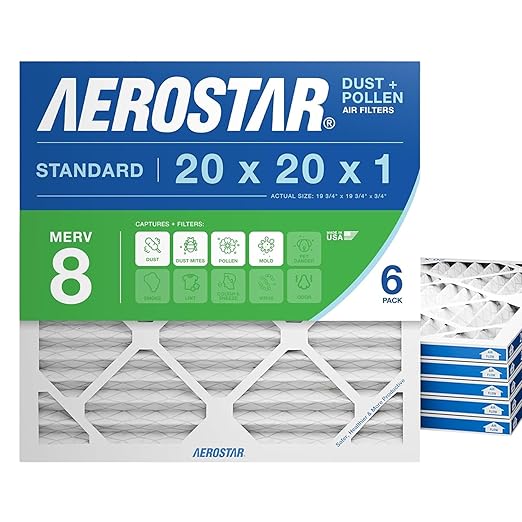Aerostar 20x20x1 MERV 8 Air Filter, 6 Count, ACTUAL SIZE (19.75 x 19.75 x 0.75), HVAC, Air Conditioning & Furnace Filter Captures Dust, Lint & Pollen (MPR 600 / FPR 5), Made in USA