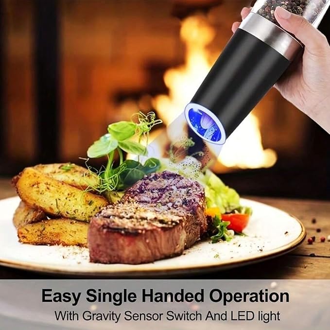 Gravity Electric Salt and Pepper Grinder Set - 1 Pack Automatic Mills with Adjustable Coarseness, LED Light, Battery Powered, One-Handed Use (Black) (Black Single Pack (Includes Cleaning Brush))