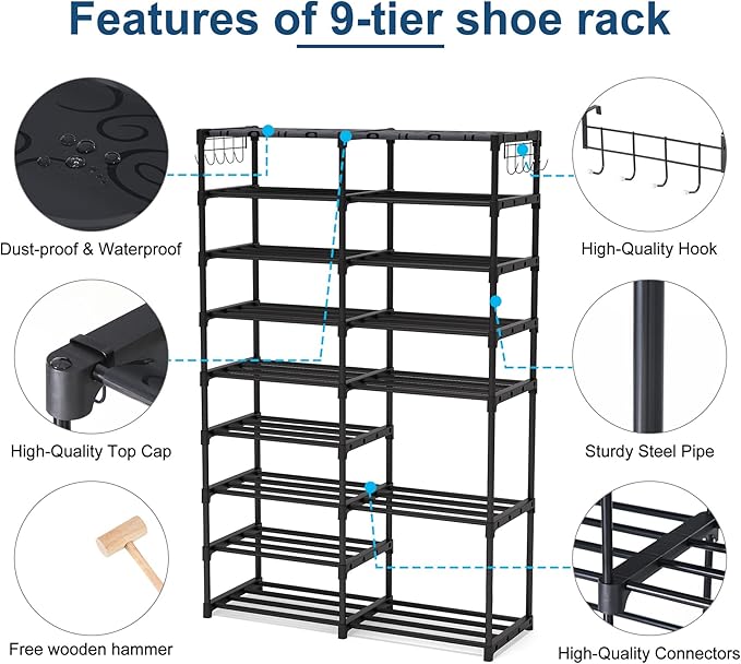 Tribesigns Shoe Rack Organizer, 32-40 Pairs Storage Shelf, 9 Tiers Stand, for Closet, Boot Organizer with 2 Hooks, Stackable Tower