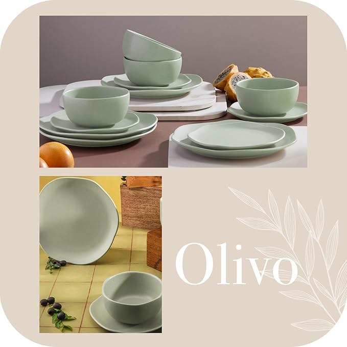Corona Olivo ceramic dinnerware Set 12–piece, Plates and Bowls, Sets for 4, organic shape, light green.