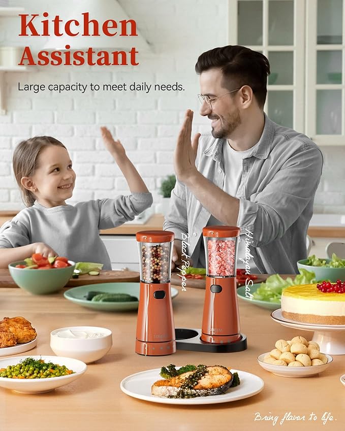 Electric Salt and Pepper Grinder Set with Storage Base, Stainless Steel Rechargeable Salt and Pepper Grinder Set with 4.5 oz Large Capacity, 1.8" Wide Mouth, Adjustable Coarseness, Ideal for Kitchen