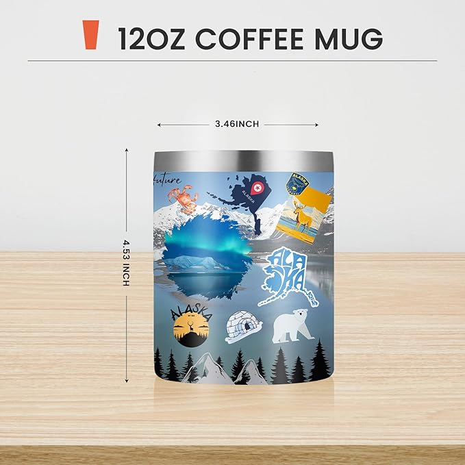 12oz Coffee Mug Alaska State Insulated Coffee Cups, United States Map Travel Mug Landmark, Birthday Gifts Cute Mugs with Lid and Straw Mothers Day Gifts