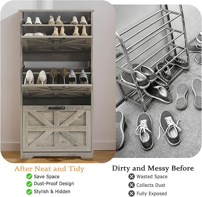 Shoe Storage Cabinet with 3 Flip Drawers, Farmhouse Shoe Organizer with Barn Door Design, Space-Saving Hidden Narrow Shoe Rack Cabinet for Entryway, Hallway & Foyer，White