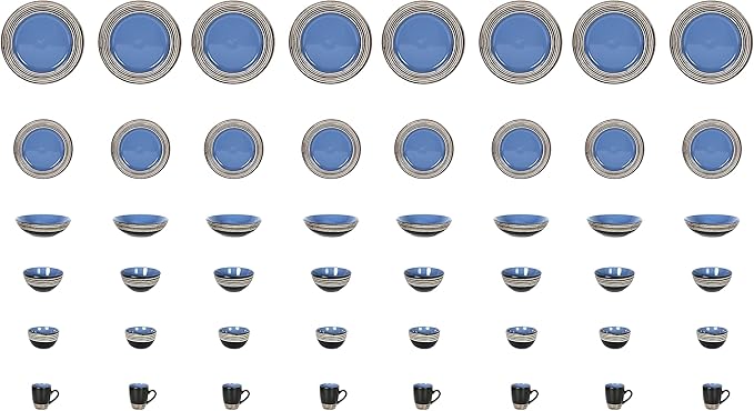 48 Piece Dinnerware Set, Ceramic Plates and Bowls Sets for 8, Microwave and Dishwasher Safe, Handcrafted Tree Bark Series Dish Set, Blue