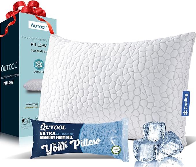 Cooling Pillow for Sleeping Shredded Memory Foam CertiPUR-US Certified, Stocking Stuffers Gifts, Adjustable Soft and Supportive Bed Pillow for Side, Back, Stomach Sleepers, Cool Pillow for Hot Sleeper