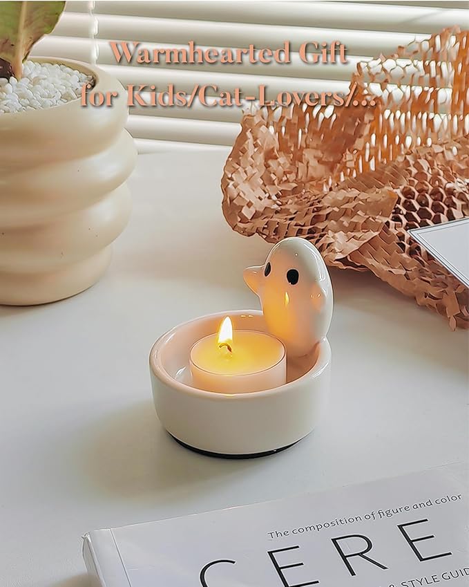 Ghost Candle Holder with Tea Light Candle, Cute Ceramic Ghost Tea Light Candle Holders, Handmade Candlestick, Halloween Decor, Gift for Girls Lovers Women, Scented Candle Included