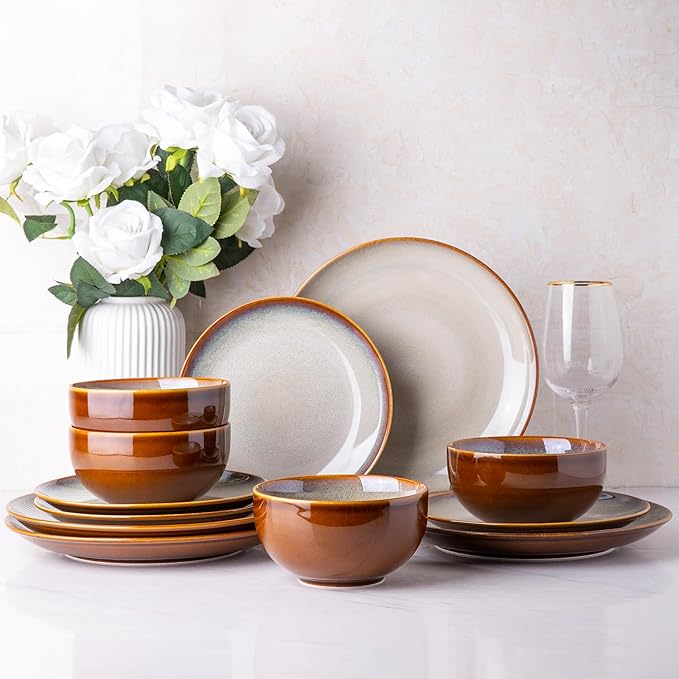LERATIO Ceramic Dinnerware Sets for 4, Coupe Plates and Bowls Sets,Highly Chip and Crack Resistant | Dishwasher & Microwave & Oven Safe Dishes set,Reactive Glaze Dinnerware- Service for 4（12pcs）