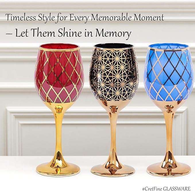 Blue and Gold Gold Wine Glasses Set of 6, Colored Long Stemmed and Rimmed Decorative Fancy Crystal Glassware, Cobalt Goblets for Gifts, Wedding, Festival, Birthday, Thanksgiving, 12oz