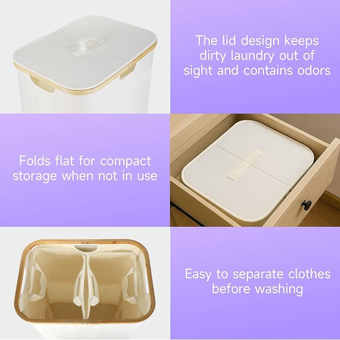 145L Double Laundry Basket with Lid, 2 Section Dirty Clothes Hamper with 2 Removable Bags for Bedroom, Bathroom, Dorm, Beige
