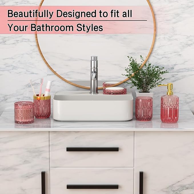 New Pink Bathroom Accessories Set, 5 Pcs Clear Glass Bathroom Accessories Sets with Lotion Soap Dispenser, Soap Dish, Toothbrush Holder, Bathroom Tumbler, Cotton Swab Jars, Perfect for Bathroom Decor