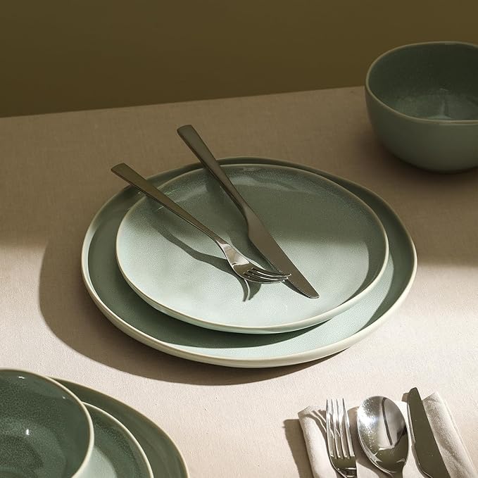 Stone Lain Mirella 12-Piece Stoneware Dinnerware Set, Service for 4 – Reactive Glaze, Light Green – Includes Dinner Plates, Salad Plates, and Bowls – Organic Modern Design