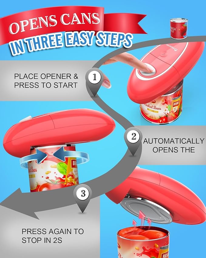 Electric Can Opener Easily Open All Can Sizes with Fast Speed & Smooth Edge, Food-Safe and Battery Operated Can Openers for Kitchen, Automatic Can Opener Hands Free for Weak Hands, Seniors (Red)