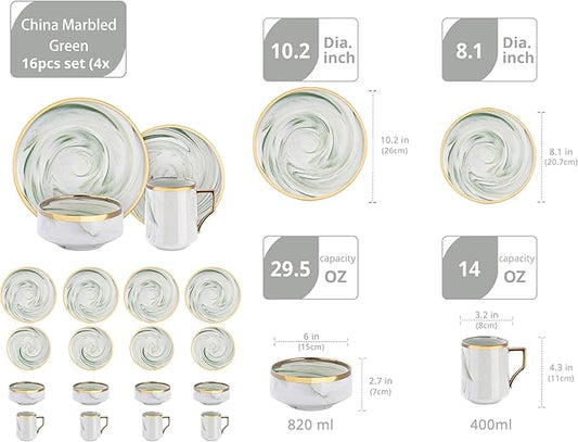 16 Piece Plates and Bowls Sets, Fine China Artisan Marbled Dinner Set for 4, Dishwahser Safe, Scratch Resistant, Green with Gold Line